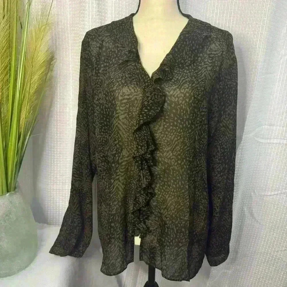 Chico’s Size 2 Large Women’s 100% Silk Sheer Animal Print Long Sleeve Ruffles - Picture 1 of 9